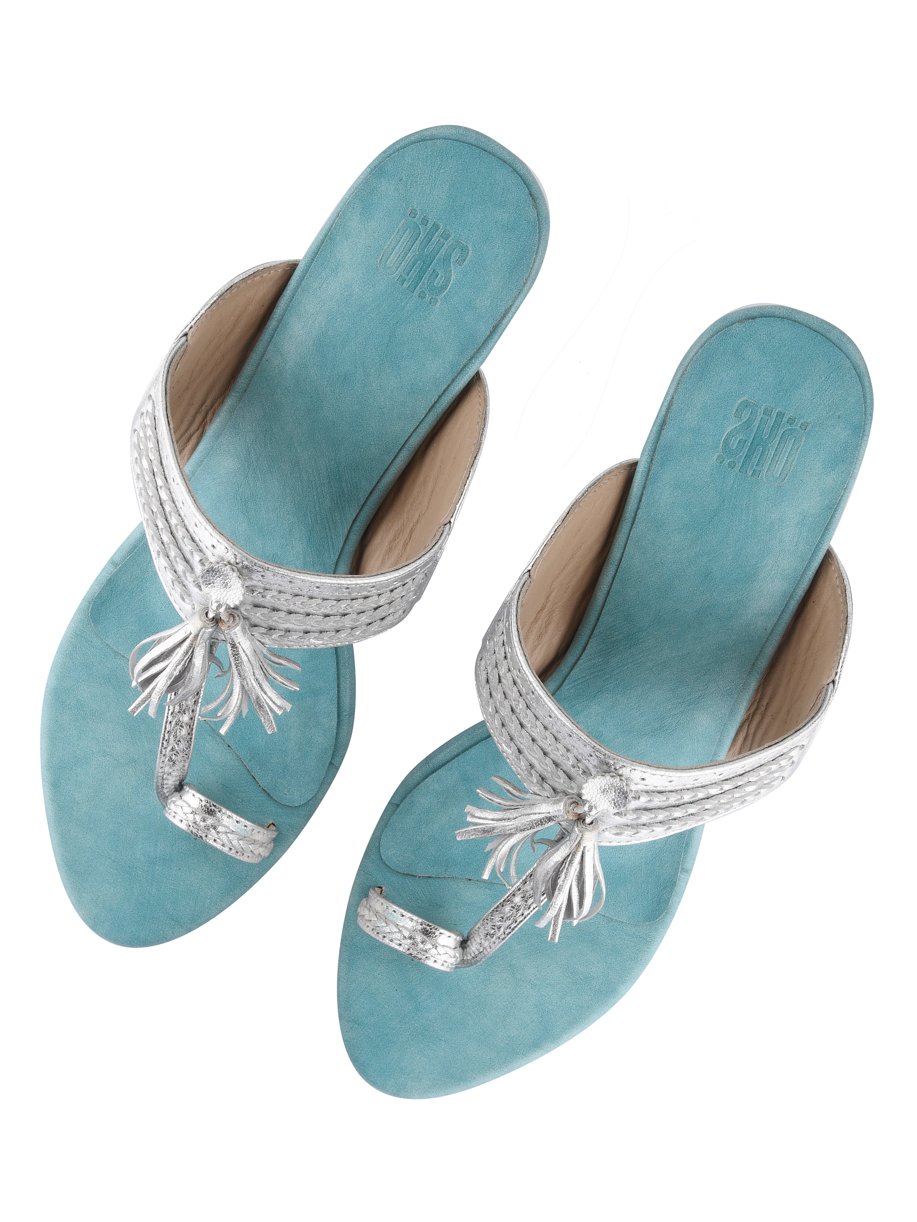 Silver & Blue Kolhapuri Block Heels For Women