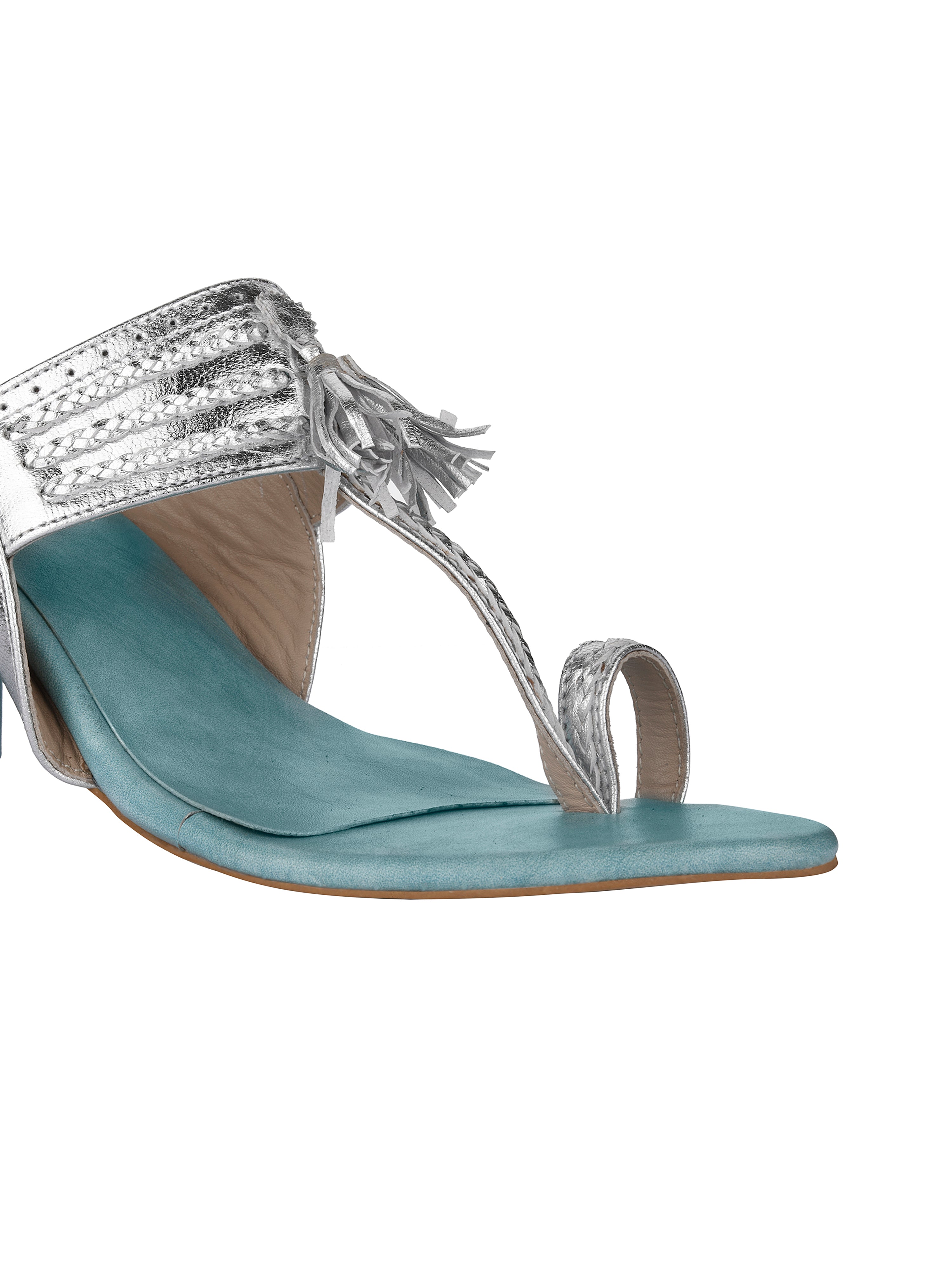 Silver & Blue Kolhapuri Block Heels For Women